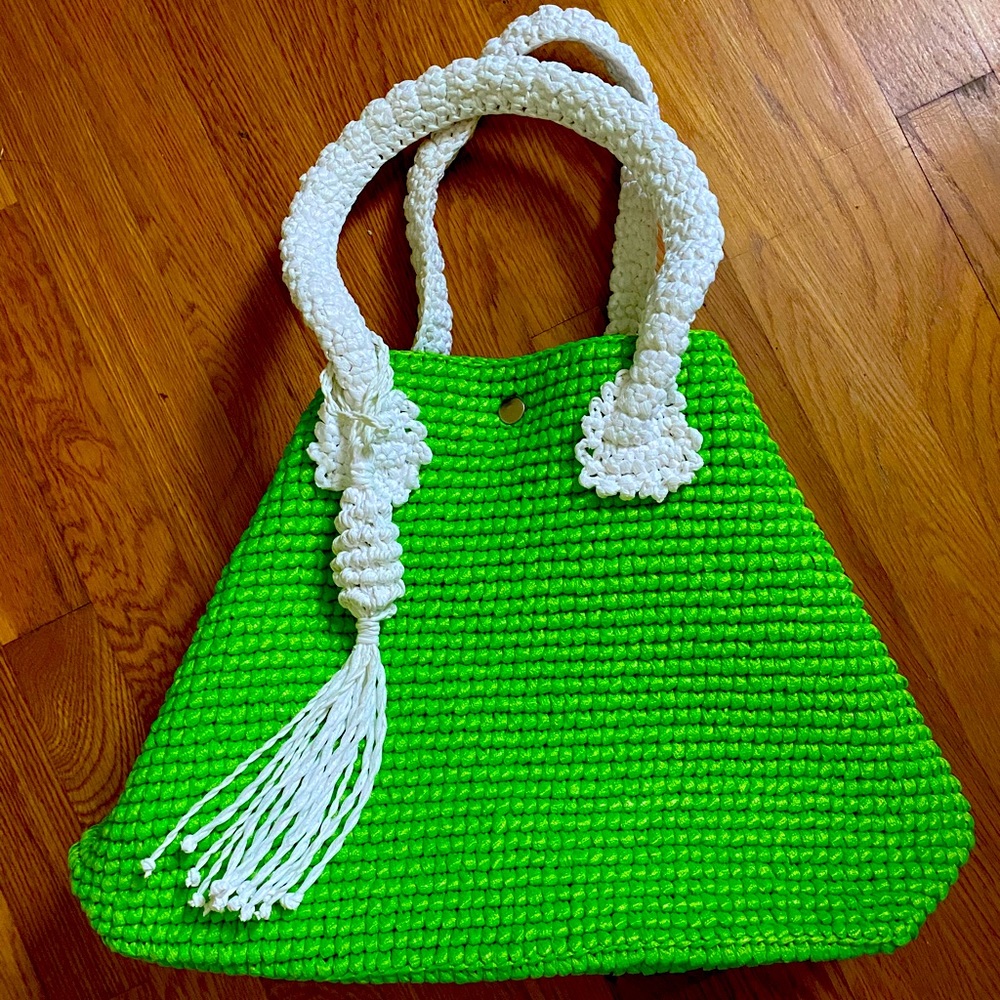 Large summer straw woven bag, green and white
